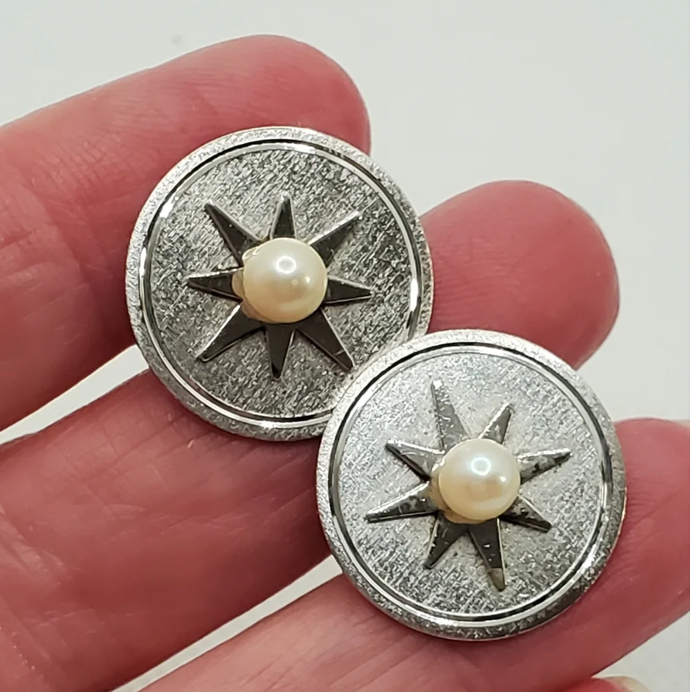 Sterling Pearl Mid-century Cufflinks Sunray Compass Design 1960's 70's Classic